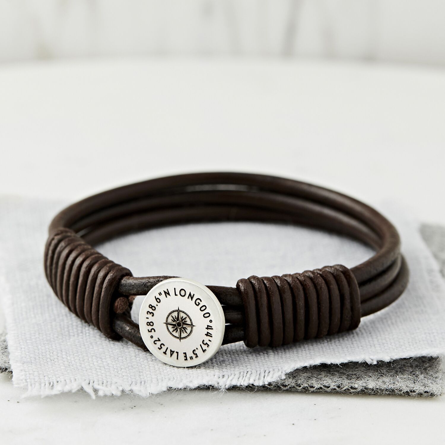 Bracelet Silver Leather Personalised with a Special Coordinate